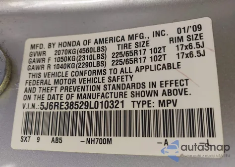 2009 Honda Cr-V Ex from USA, damaged, VIN 5J6RE38529L010321